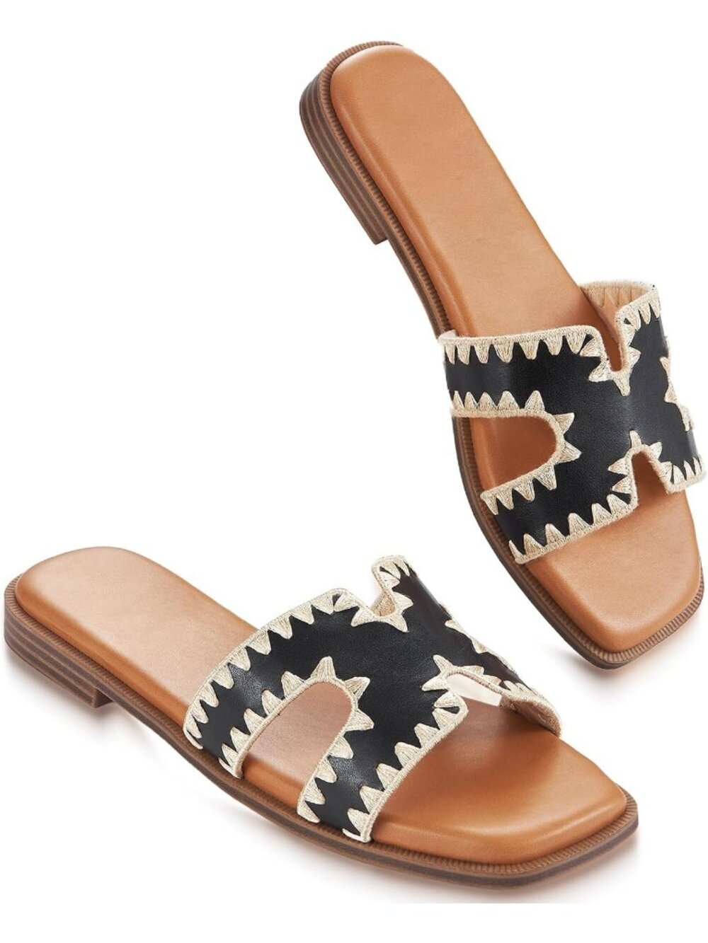 Women's Black Gold Slip On Flat Soft Foam Slides Comfortable Leather Sandals